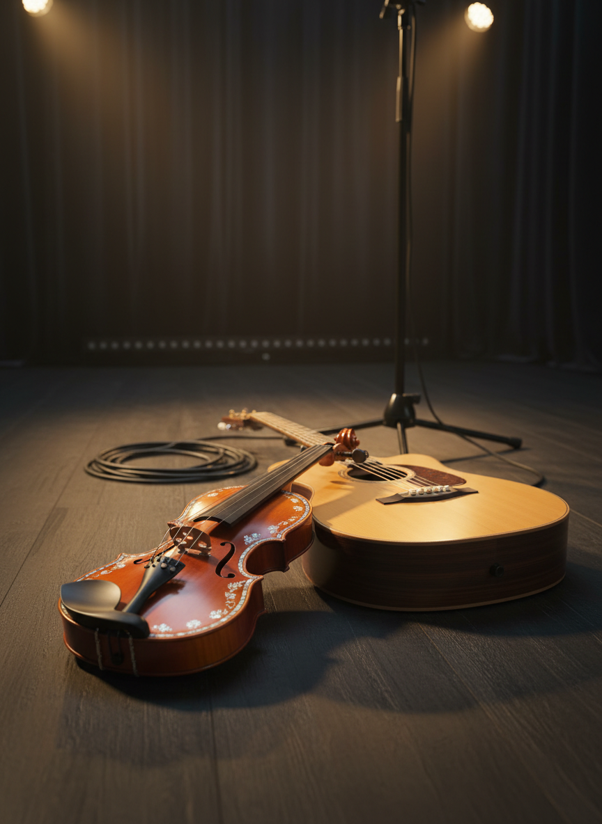 A pair of beautifully crafted traditional musical instruments resting on a dark, matte wooden stage floor: a polished wooden fiddle with rich amber varnish and delicate inlays, and a warm honey-toned wooden guitar with a subtle satin finish. Coiled instrument cables and a simple black microphone stand sit nearby, slightly out of focus. Soft, golden stage lighting from above and behind creates gentle highlights on the curved bodies and tuning pegs, casting elongated, atmospheric shadows across the floor. Captured at eye level with a shallow depth of field, the background fades into a tasteful blur of dark curtains and muted stage lights. The photographic realism and clean, professional composition convey a refined, concert-ready atmosphere.