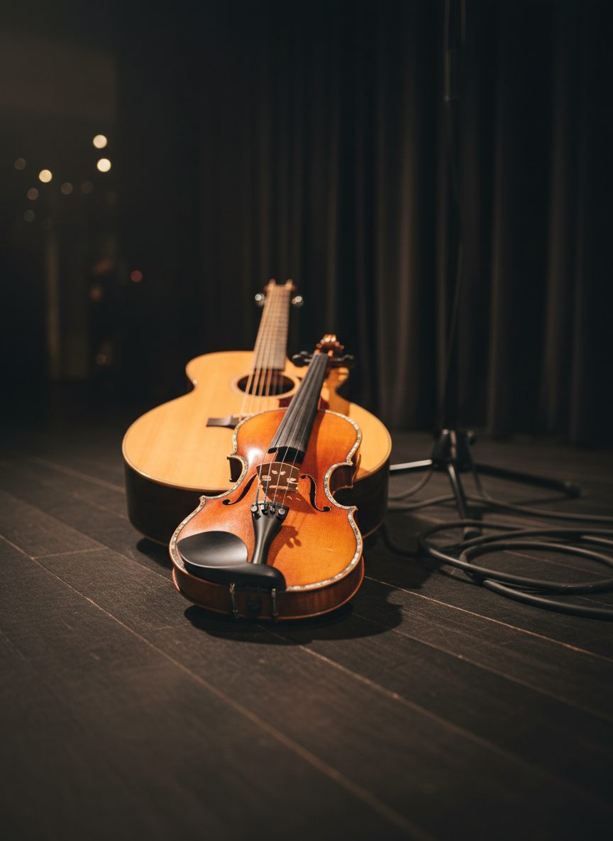 A pair of beautifully crafted traditional musical instruments resting on a dark, matte wooden stage floor: a polished wooden fiddle with rich amber varnish and delicate inlays, and a warm honey-toned wooden guitar with a subtle satin finish. Coiled instrument cables and a simple black microphone stand sit nearby, slightly out of focus. Soft, golden stage lighting from above and behind creates gentle highlights on the curved bodies and tuning pegs, casting elongated, atmospheric shadows across the floor. Captured at eye level with a shallow depth of field, the background fades into a tasteful blur of dark curtains and muted stage lights. The photographic realism and clean, professional composition convey a refined, concert-ready atmosphere.