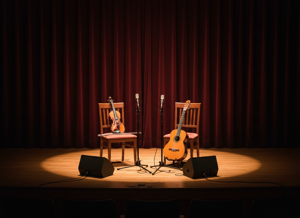 An elegant stage setup in a small concert hall, photographed in realistic detail: two sturdy wooden chairs facing slightly toward each other, each with a neatly placed traditional instrument resting on the seat, one fiddle and one guitar. A pair of slim black microphones on stands are positioned in front, with discreet monitor speakers on the floor. The wooden stage boards and deep burgundy curtain backdrop create a rich, acoustic environment. Warm, focused spotlights from above illuminate the instruments and chairs, leaving the surrounding area in soft shadow. Captured from the audience’s perspective with a balanced, centered composition and moderate depth of field, the image conveys a poised, professional atmosphere, ready for a traditional music duo performance.