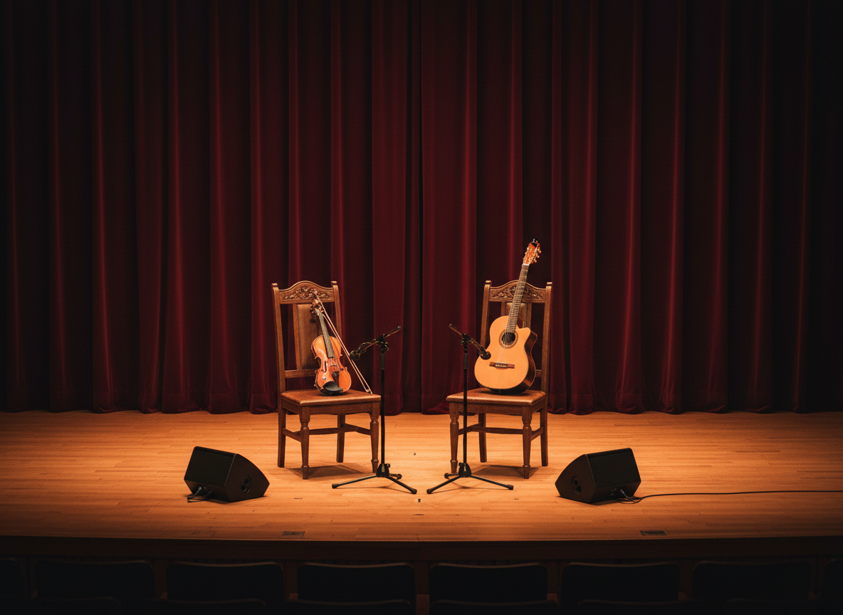 An elegant stage setup in a small concert hall, photographed in realistic detail: two sturdy wooden chairs facing slightly toward each other, each with a neatly placed traditional instrument resting on the seat, one fiddle and one guitar. A pair of slim black microphones on stands are positioned in front, with discreet monitor speakers on the floor. The wooden stage boards and deep burgundy curtain backdrop create a rich, acoustic environment. Warm, focused spotlights from above illuminate the instruments and chairs, leaving the surrounding area in soft shadow. Captured from the audience’s perspective with a balanced, centered composition and moderate depth of field, the image conveys a poised, professional atmosphere, ready for a traditional music duo performance.