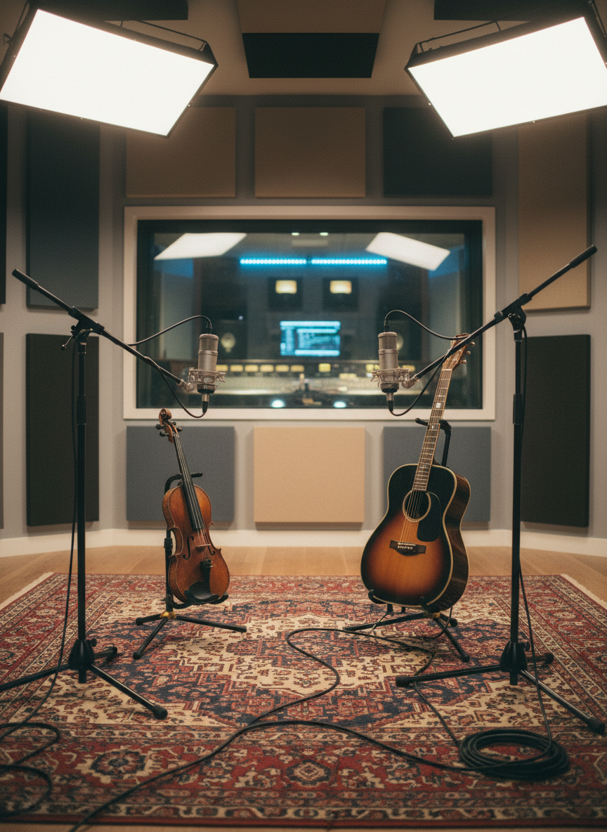 An atmospheric image of a traditional music recording session setup in a modern studio, captured in photographic realism. A fiddle and guitar rest on individual stands atop a thick, patterned rug, with two high-end condenser microphones positioned precisely in front of them. Acoustic panels in muted tones line the walls, and a glass window reveals a softly blurred control room with glowing meters and subtle LED lights. Overhead, diffused studio lighting provides even, flattering illumination, with a hint of rim light outlining the instruments’ curves. Shot from a low, three-quarter angle, the composition uses leading lines from cables and mic stands to draw the eye toward the instruments, creating a calm, focused, professional mood ideal for an emerging traditional music duo.