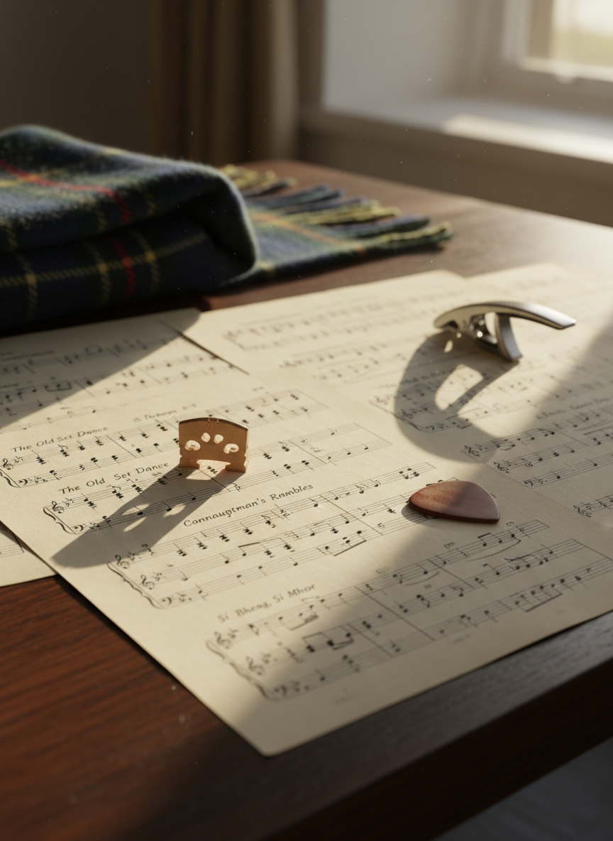 A detailed, photographic close-up of sheet music for traditional tunes spread across a dark wooden rehearsal table, interspersed with a polished fiddle bridge, a capo, and a finely crafted wooden guitar pick. The sheet music pages are slightly curled at the edges, their notation and tune titles clearly visible. A tartan wool scarf is folded at one corner, adding subtle color and texture. Natural late-afternoon light from a nearby window creates a soft, warm glow, highlighting the grain of the wood and casting delicate shadows from the accessories. Composed from a slightly elevated angle with shallow depth of field, the focus rests on the central tune titles while the edges softly blur, conveying a studious yet inviting, professional rehearsal atmosphere.