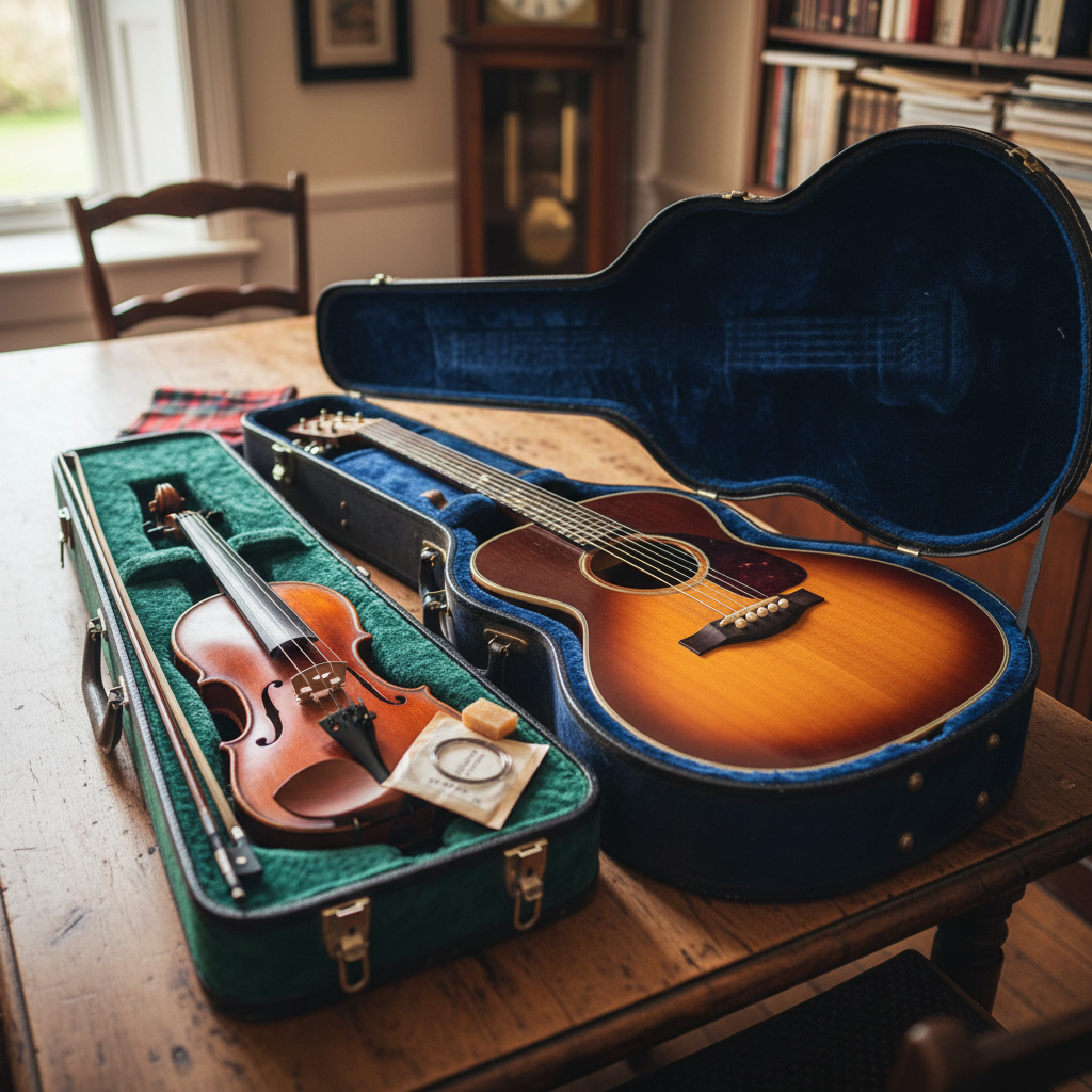 A close-up, photographic view of two open instrument cases placed side by side on an antique wooden table: one velvet-lined in deep forest green cradling a well-loved wooden fiddle, the other lined in midnight blue showcasing a finely grained guitar body. Rosin, spare strings, and a finely folded tartan cloth lie neatly arranged between them. Soft, diffused window light from the left bathes the scene, creating gentle highlights on metal tuning machines and subtle shadows in the velvet folds. Shot from a slightly elevated angle with careful focus on textures, the background dissolves into a warm blur of a traditional music room. The mood is professional yet intimate, evoking readiness for a concert performance.