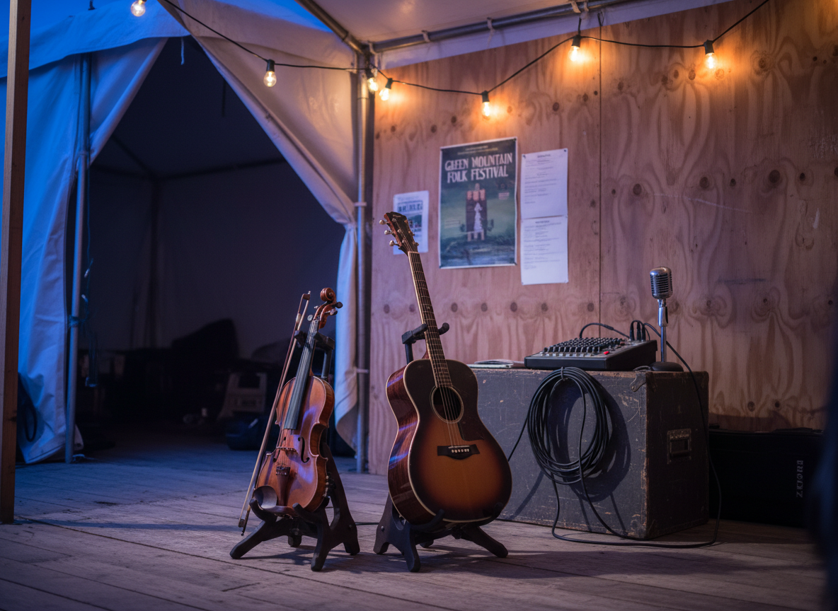 A refined festival backstage scene without people, focused on traditional music gear arranged with care. Two instrument stands hold a fiddle and guitar, their polished wooden surfaces catching the warm glow of string lights hanging above. A weathered folk festival poster is taped to a plywood wall behind, along with neatly coiled cables and a compact mixing desk on a sturdy crate. Evening light filters in from the side of an open tent flap, mixing with the warm bulbs to create layered, cinematic lighting and soft, directional shadows. Shot at a three-quarter angle with a slightly wide lens, the foreground instruments are crisp while the background blurs gently. The photographic realism and organized composition evoke a calm, professional readiness before a performance.