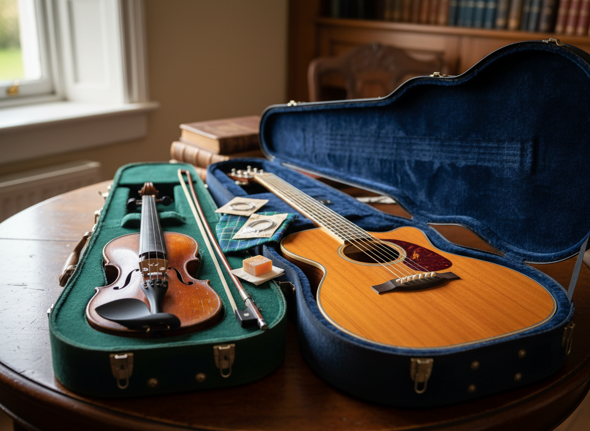 A close-up, photographic view of two open instrument cases placed side by side on an antique wooden table: one velvet-lined in deep forest green cradling a well-loved wooden fiddle, the other lined in midnight blue showcasing a finely grained guitar body. Rosin, spare strings, and a finely folded tartan cloth lie neatly arranged between them. Soft, diffused window light from the left bathes the scene, creating gentle highlights on metal tuning machines and subtle shadows in the velvet folds. Shot from a slightly elevated angle with careful focus on textures, the background dissolves into a warm blur of a traditional music room. The mood is professional yet intimate, evoking readiness for a concert performance.